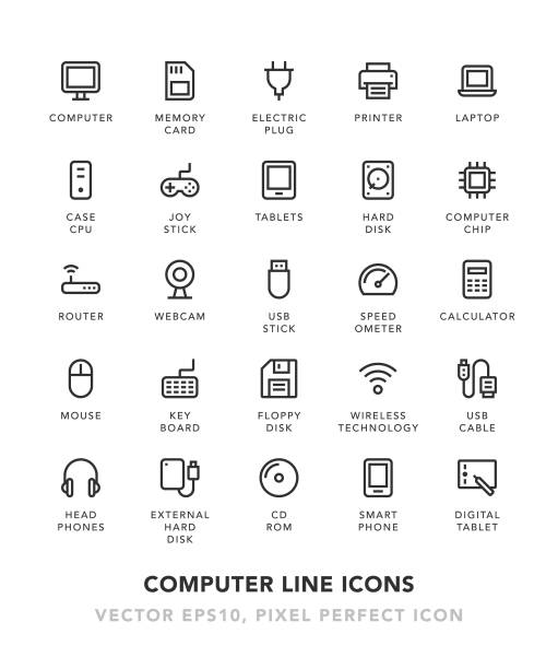 illustrazioni stock, clip art, cartoni animati e icone di tendenza di icone linea computer - usb cable immagine
