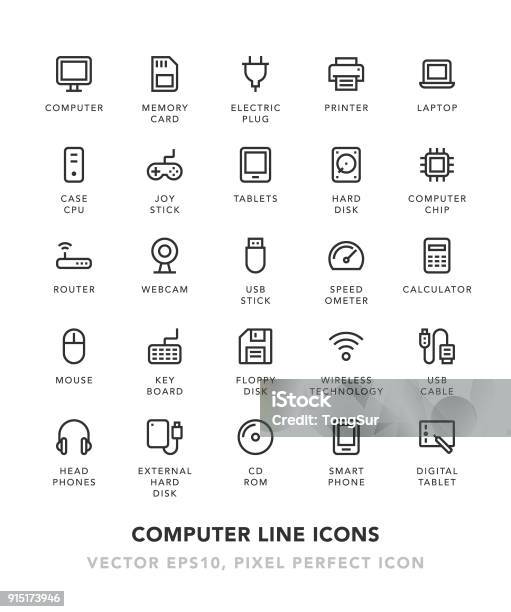 Computer Line Icons Stock Illustration - Download Image Now - Icon Symbol, USB Cable, USB Stick