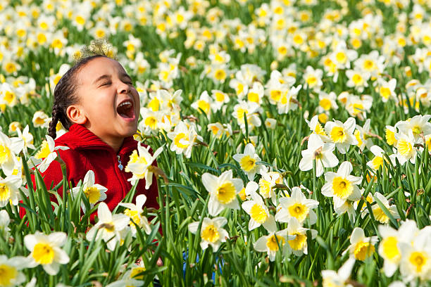 Beautiful African American Interracial Girl Having Fun In Daffodils stock photo