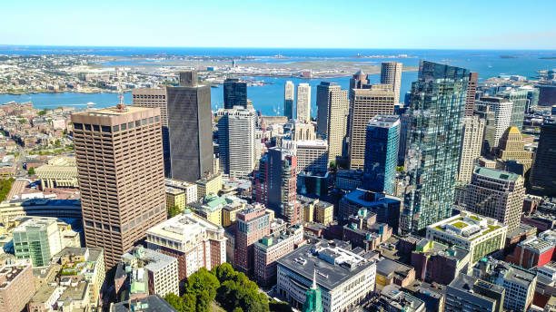 aerial view of boston in massachusetts in the summer season. usa - boston charles river skyline massachusetts imagens e fotografias de stock