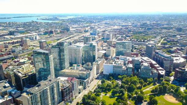 aerial view of boston in massachusetts in the summer season. usa - boston charles river skyline massachusetts imagens e fotografias de stock