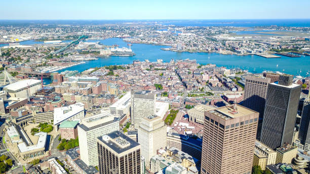 aerial view of boston in massachusetts in the summer season. usa - boston charles river skyline massachusetts imagens e fotografias de stock