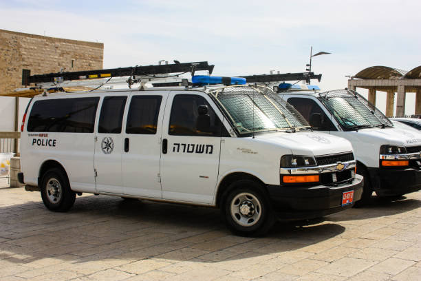 colors of Israel Jerusalem Israel February 5-2018  Police car parked on the Western wall place on the morning ambulance in israel stock pictures, royalty-free photos & images
