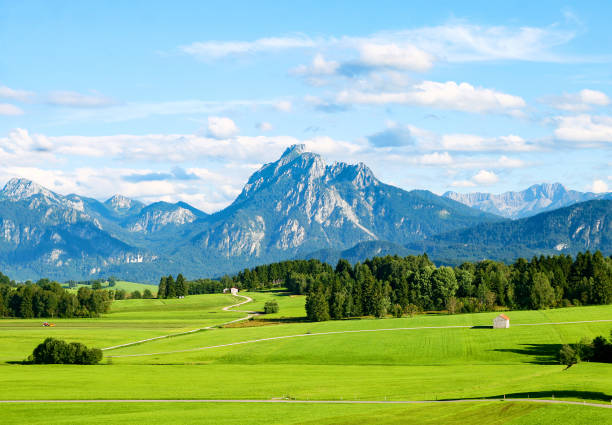 ост-асгю с видом на гору сюлинг, бавария, германия - allgau стоковые фото и изображения