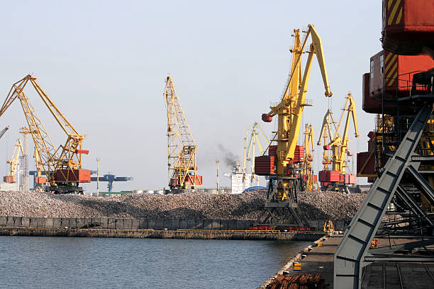 Harbour of sea trading port with cargo stock photo