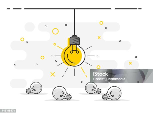 한 거와 빛나는 전구를 누워의 집합입니다 흰색 바탕에 아이디어의 컨셉 유행 평면 벡터 전구 아이콘 전구에 대한 스톡 벡터 아트 및 기타 이미지
