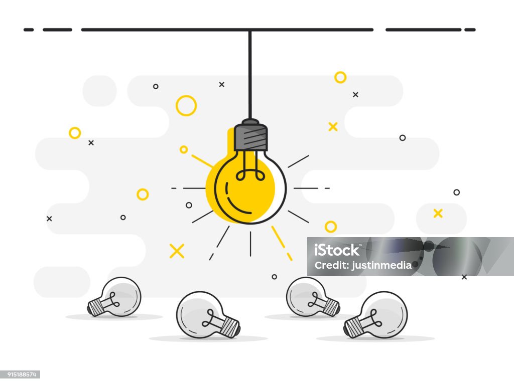 Set of laying light bulbs with one hanging and glowing. Trendy flat vector light bulb icons with concept of idea on white background. Creative idea symbol and background. Light Bulb stock vector