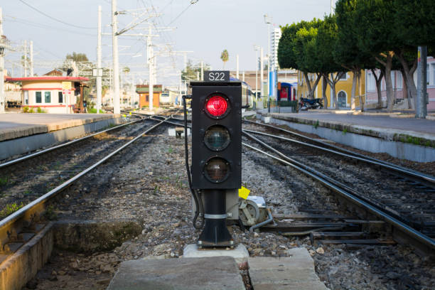 istock traffic light shows red signal on railway; railway station 915190238
