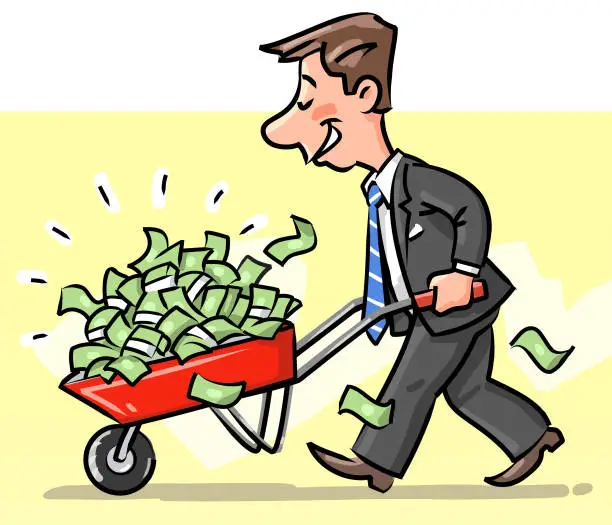 Vector illustration of Businessman With A Wheelbarrow Full Of Money