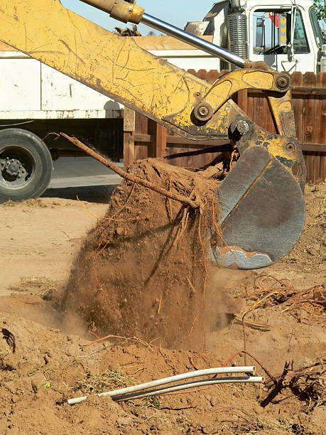 istock Backhoe digging up soil with dump truck behind 91519725