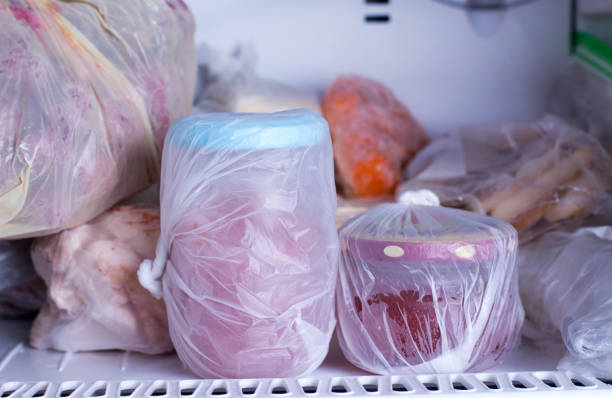 istock Refrigerator with frozen food (meat, milk, vegetables) 915197382