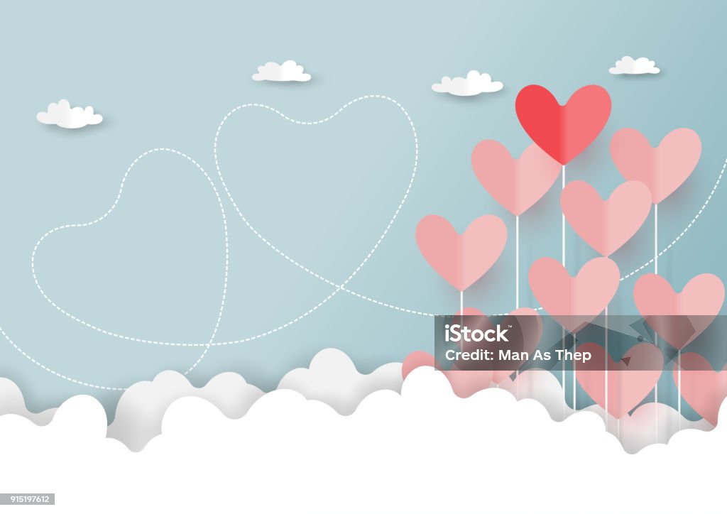Paper cut of hearts on cloud and blue sky Paper art style of valentine's day greeting card and love concept.Origami floating hearts from clouds on blue sky background.Vector illustration. Heart Shape stock vector