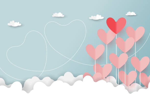 Paper cut of hearts on cloud and blue sky Paper art style of valentine's day greeting card and love concept.Origami floating hearts from clouds on blue sky background.Vector illustration. hearts playing card illustrations stock illustrations