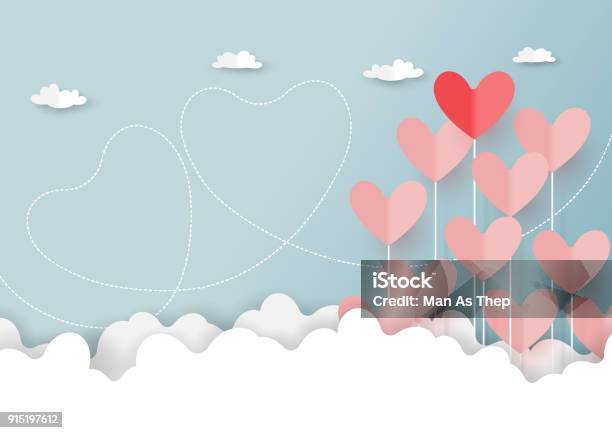 Paper Cut Of Hearts On Cloud And Blue Sky Stock Illustration - Download Image Now - Heart Shape, Valentine's Day - Holiday, Love - Emotion
