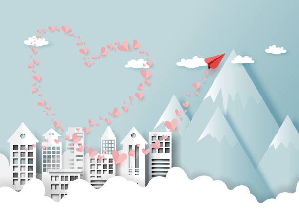 illustrazioni stock, clip art, cartoni animati e icone di tendenza di 07.concetto d'amore con paesaggio urbano - love transportation cloud cloudscape