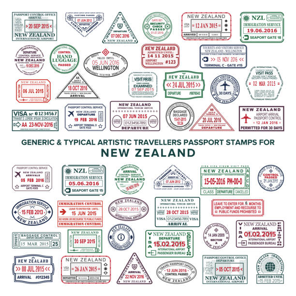 ilustrações de stock, clip art, desenhos animados e ícones de custom vector typical artistic passport arrival and departure stamps variations set for new zealand - emigration and immigration passport passport stamp usa