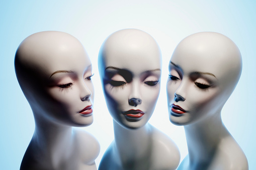 Black and white modern, bold mannequin head, background with copy space, full frame horizontal composition