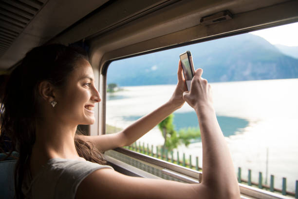 istock Smiling tourist in the train 915202378