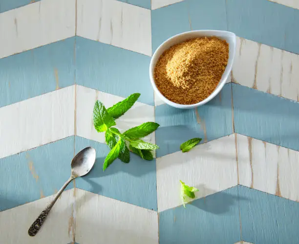 green tea ingredients Moroccan style on wood blue white table