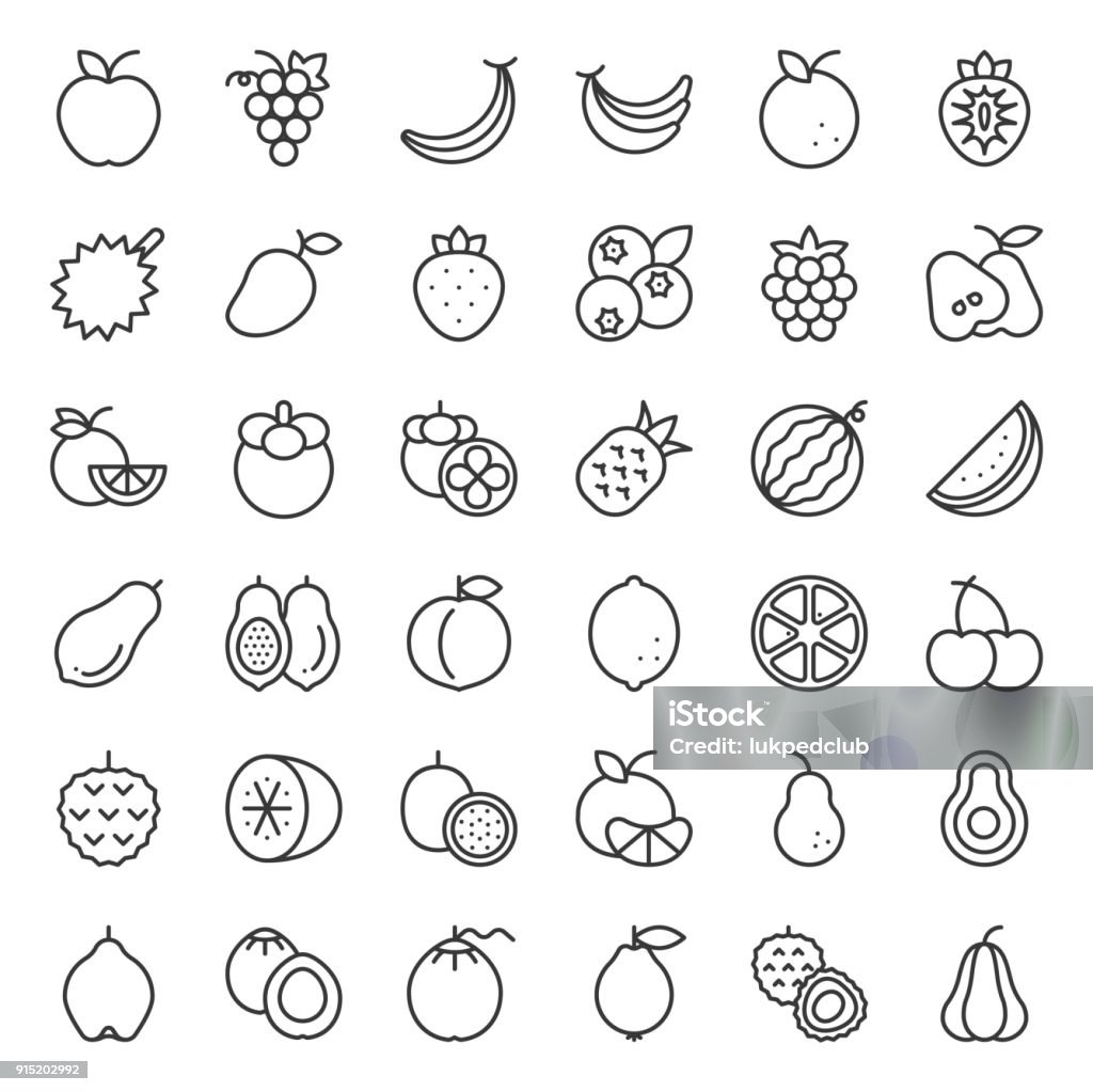 Jeu d’icônes de l’esquisse mignon fruits, tels qu’orange, kiwi, noix de coco, banane, papaye, pêches, tropicales fruits - clipart vectoriel de Fruit libre de droits