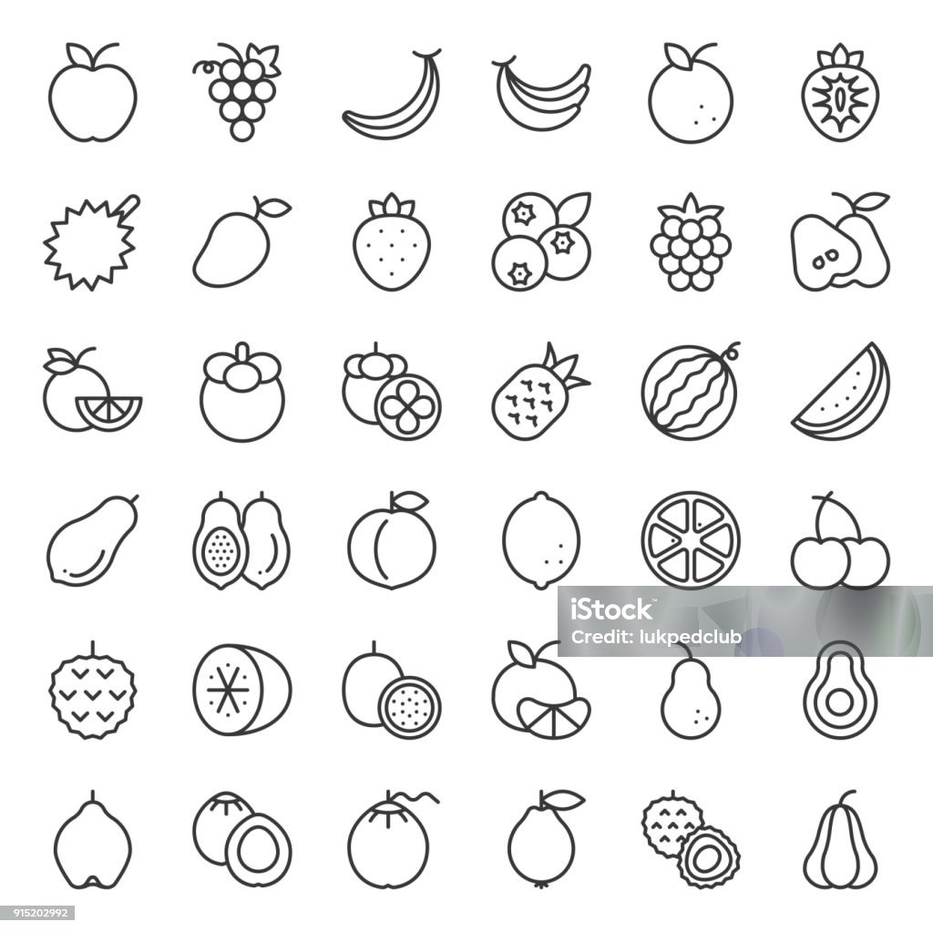 Carino set di icone contorno di frutta, come arancia, Kiwi, cocco, banana, papaia, pesca, frutti tropicali - arte vettoriale royalty-free di Frutta