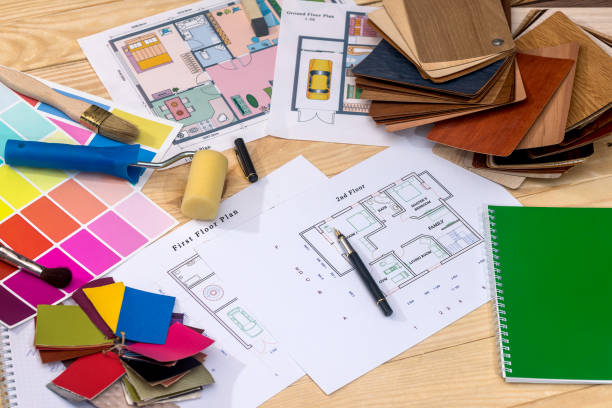 istock house plan with patterns of colors and tools 915205542