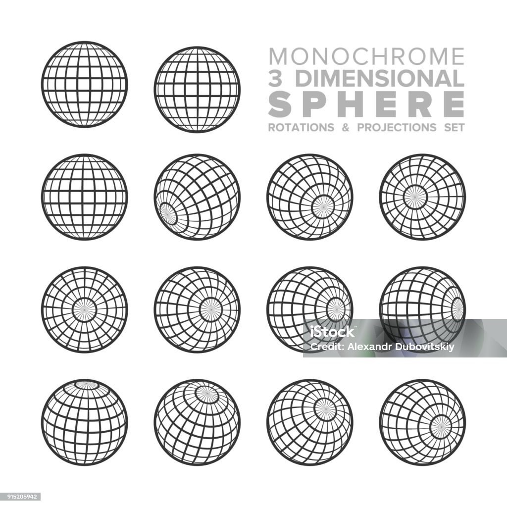 Vector 3d (three dimensional) monochrome sphere rotations and projections set Globe - Navigational Equipment stock vector