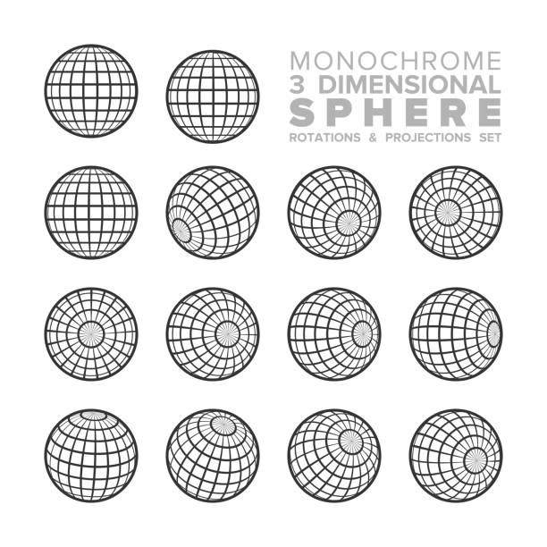 Vector 3d (three dimensional) monochrome sphere rotations and projections set Vector 3d (three dimensional) monochrome sphere rotations and projections set latitude stock illustrations