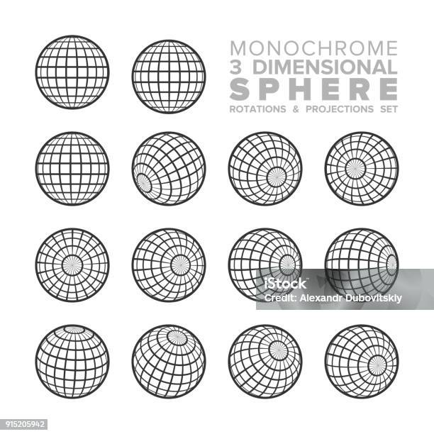 Vector 3d Monochrome Sphere Rotations And Projections Set Stock Illustration - Download Image Now