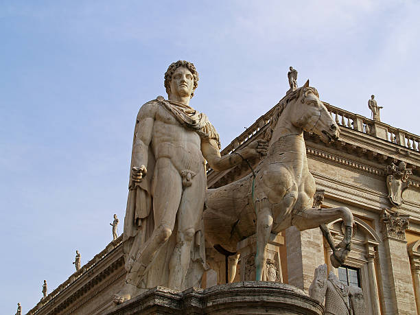 Rome, Italy - October 8,  2020: Statue of Tiber River God (Tiberinus) on Capitoline Hill on Piazza del Campidoglio designed by Michelangelo