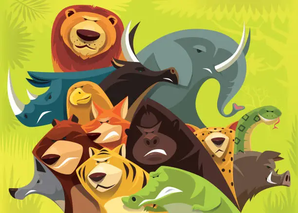 Vector illustration of group of angry wild animals gathering