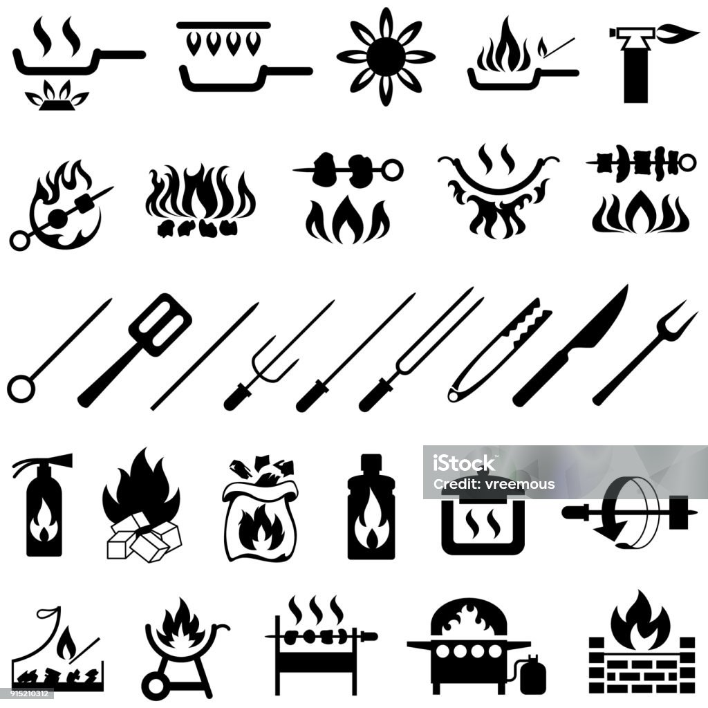 Barbecue and Flame Cooked Food Icons Set Barbecue and flame cooking equipment and utensils. Single colour black icons. Isolated. Barbecue - Meal stock vector