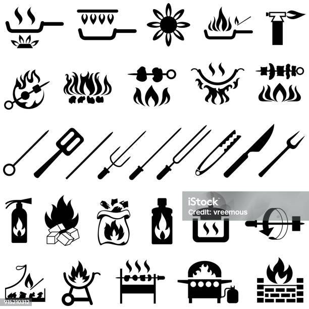 Barbecue And Flame Cooked Food Icons Set Stock Illustration - Download Image Now - Barbecue - Meal, Barbecue Grill, Coal