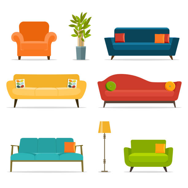 sofa und sessel sets und wohnaccessoires. flache vektor-illustration - stuhl stock-grafiken, -clipart, -cartoons und -symbole