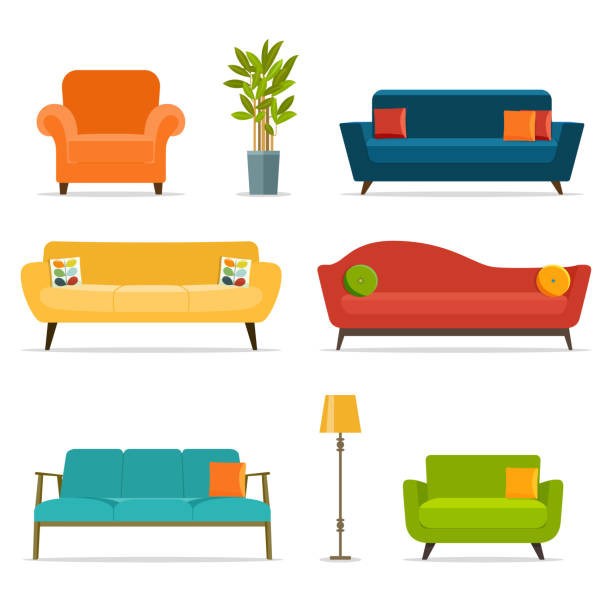 stockillustraties, clipart, cartoons en iconen met bank en stoel sets en woonaccessoires. platte vectorillustratie - bank