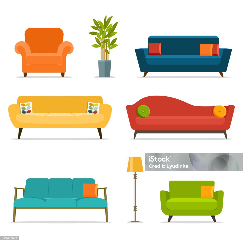 Sofa and chair sets and home accessories.Vector flat illustration Sofa and chair sets and home accessories.Vector flat style  illustration Sofa stock vector