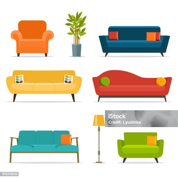 Sofa And Chair Sets And Home Accessoriesvector Flat Illustration Stock Illustration - Download Image Now