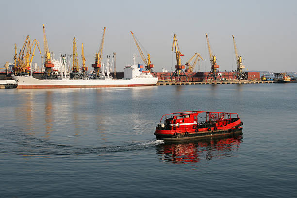 Cleaner of port water area stock photo