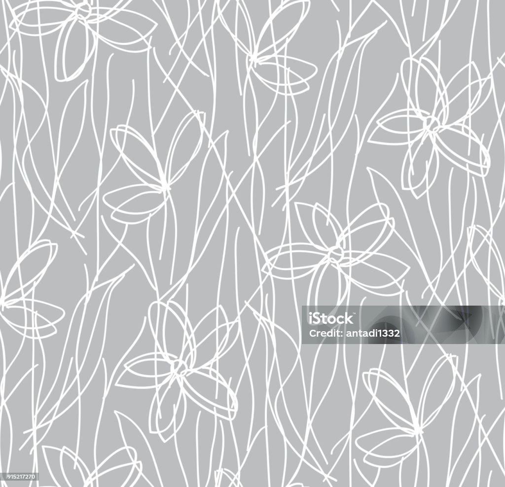 Wildblumen Kinder Zeichnung Musterdesign, botanische Textur. Kleine Doodle hand gezeichnete Blumen auf grauem Hintergrund, Tafel. - Lizenzfrei Blumenmuster Vektorgrafik