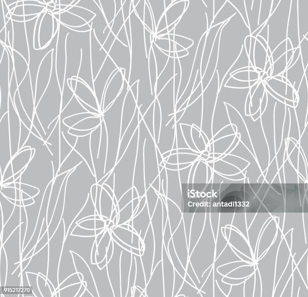 Wildflowers Childrens Drawing Seamless Pattern Botanical Texture Small Doodle Hand Drawn Flowers On Grey Background Chalkboard Stock Illustration - Download Image Now