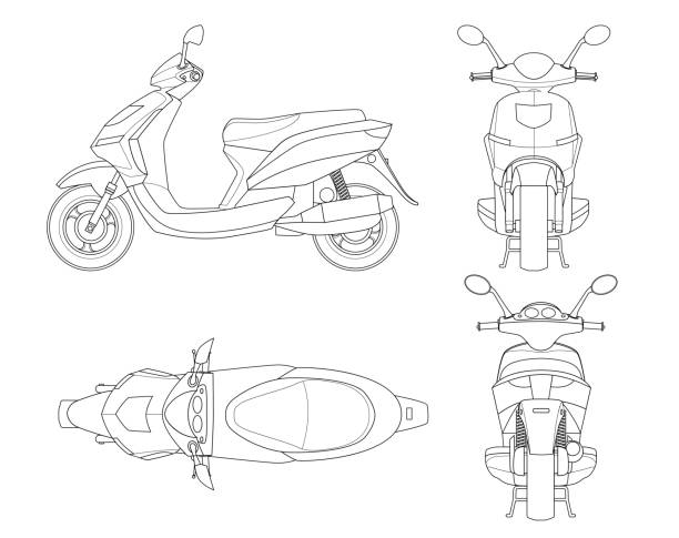 trendige roller umriss isoliert auf weißem hintergrund. isolierte motorrad-vorlage für moped, motorrad branding und werbung - people speed mode of transport black and white stock-grafiken, -clipart, -cartoons und -symbole