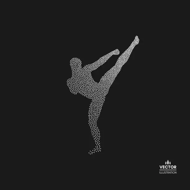 Vector illustration of Kickbox fighter preparing to execute a high kick. Silhouette of a fighting man. Dotted silhouette of person. Vector illustration.