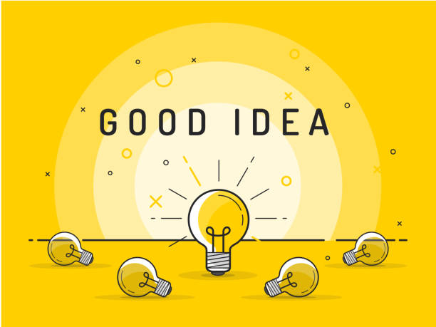 gute idee. satz von glühlampen mit einem hängenden und glühende verlegung. trendige flache vektor-glühbirne-icons mit konzept idee auf gelbem hintergrund. - light bulb moment stock-grafiken, -clipart, -cartoons und -symbole