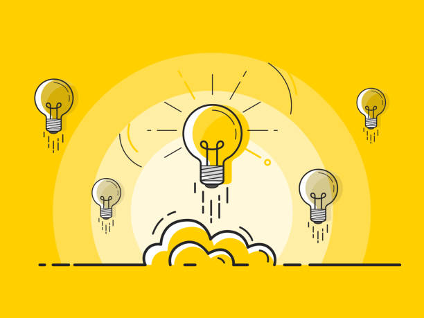 istock Set of light bulbs rocket launch with one glowing. Trendy flat vector light bulb icons with concept of idea on yellow background. 915237810