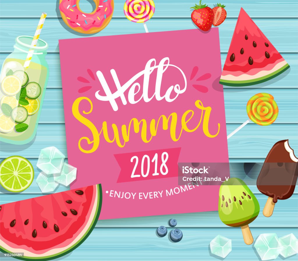 Hello summer 2018 card on blue wooden background. Hello summer 2018 card with handdrawn lettering on blue wooden background with watermelon, detox, ice, donut, ice cream, lime and candy. Vector Illustration. Summer stock vector
