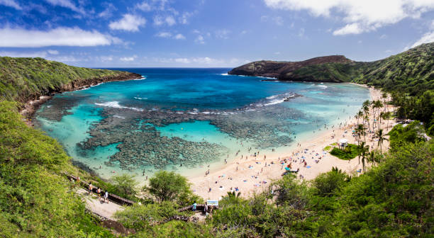 hanauma bay em oahu, havaí, - hanauma bay hawaii islands oahu bay - fotografias e filmes do acervo