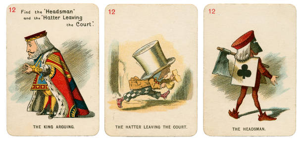 Alice In Wonderland playing cards 1898 Set 12 1898 Alice In Wonderland playing cards. This is Set 12 from a deck of 19th century playing cards "The new and diverting game of Alice In Wonderland", consisting of 48 playing cards with drawings faithfully copied by Miss E. Gertrude Thomson from original drawings by Sir John Tenniel, as they appeared in the 1896 edition of the book "Alice's Adventures In Wonderland" by Lewis Carroll. The manufacturer is Thomas de la Rue (London). The 48 cards are arranged in sixteen sets of three cards, each set bearing the same number. One card in each set is the “leading” card and shows the title of the other two cards. Set 12 includes the King of Hearts, the Mad Hatter and the headman (Executioner). executioner stock pictures, royalty-free photos & images