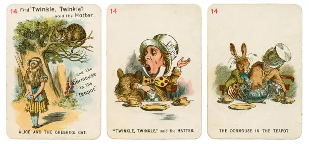 1898 Alice In Wonderland playing cards. This is Set 14 from a deck of 19th century playing cards "The new and diverting game of Alice In Wonderland", consisting of 48 playing cards with drawings faithfully copied by Miss E. Gertrude Thomson from original drawings by Sir John Tenniel, as they appeared in the 1896 edition of the book "Alice's Adventures In Wonderland" by Lewis Carroll. The manufacturer is Thomas de la Rue (London). The 48 cards are arranged in sixteen sets of three cards, each set bearing the same number. One card in each set is the “leading” card and shows the title of the other two cards. Set 14 includes Alice and the Cheshire Cat; the Mad Hatter, and the dormouse in the teapot.
