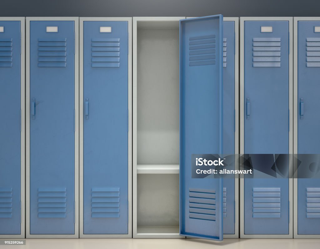 Locker Open A row of blue metal school lockers with one open door revealing that it is empty - 3D render Locker Stock Photo