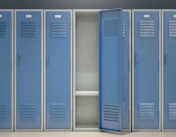 Locker Open A row of blue metal school lockers with one open door revealing that it is empty - 3D render locker room stock pictures, royalty-free photos & images